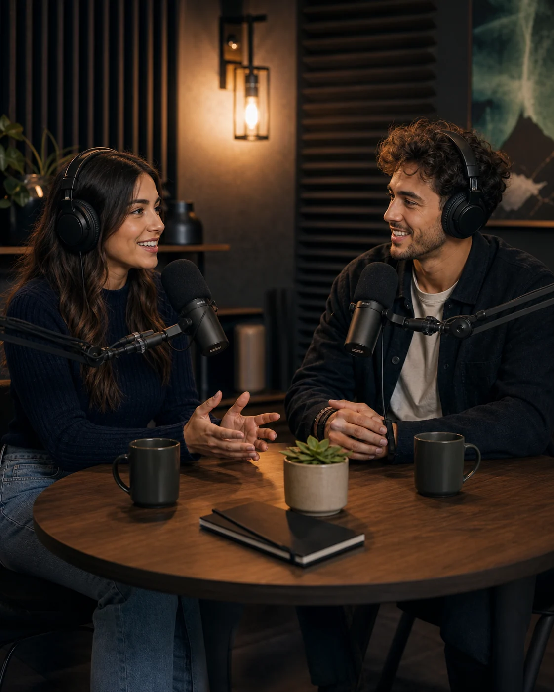 Dos creadores grabando un podcast en estudio