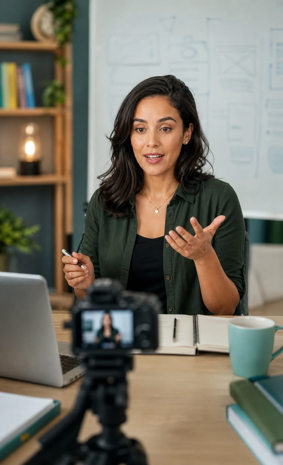 Profesora grabando una clase en cámara