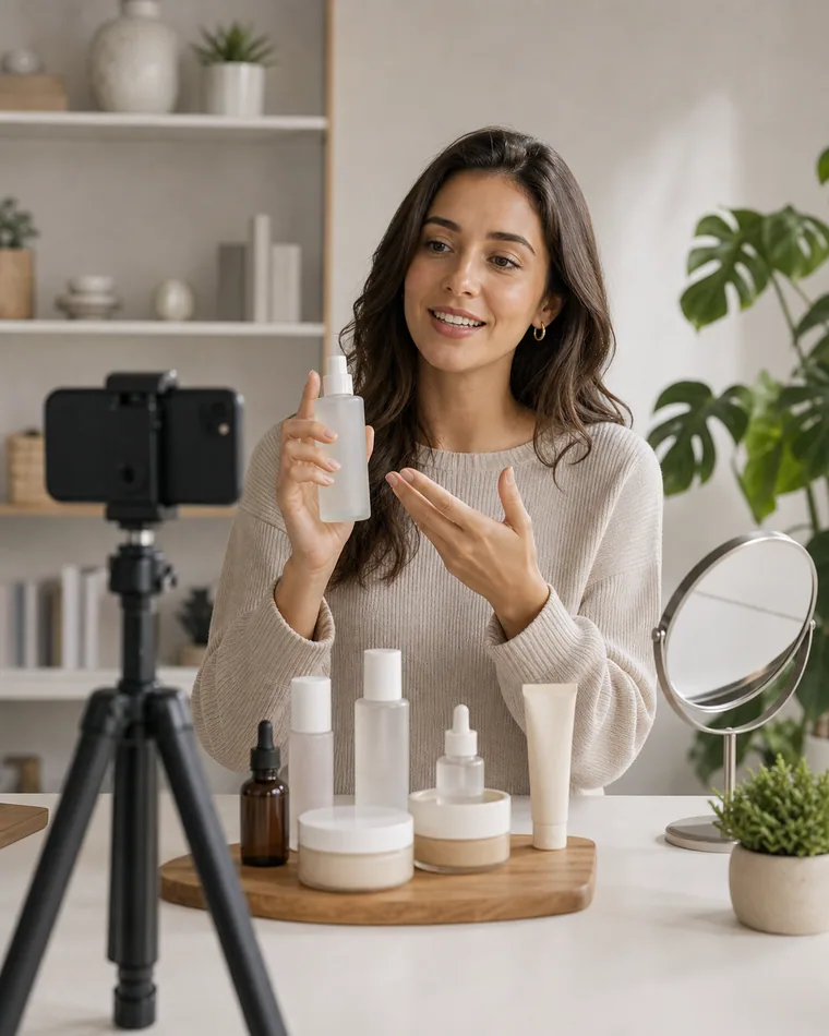 Emprendedora presentando productos de belleza