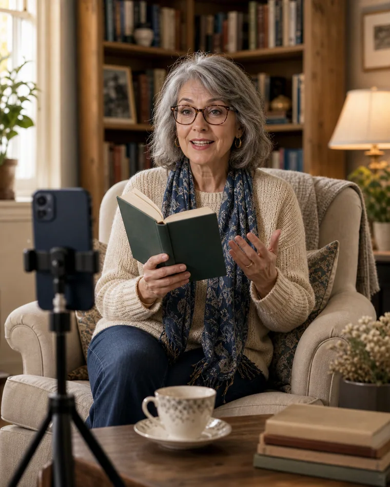 Mujer mayor grabando una recomendación de lectura