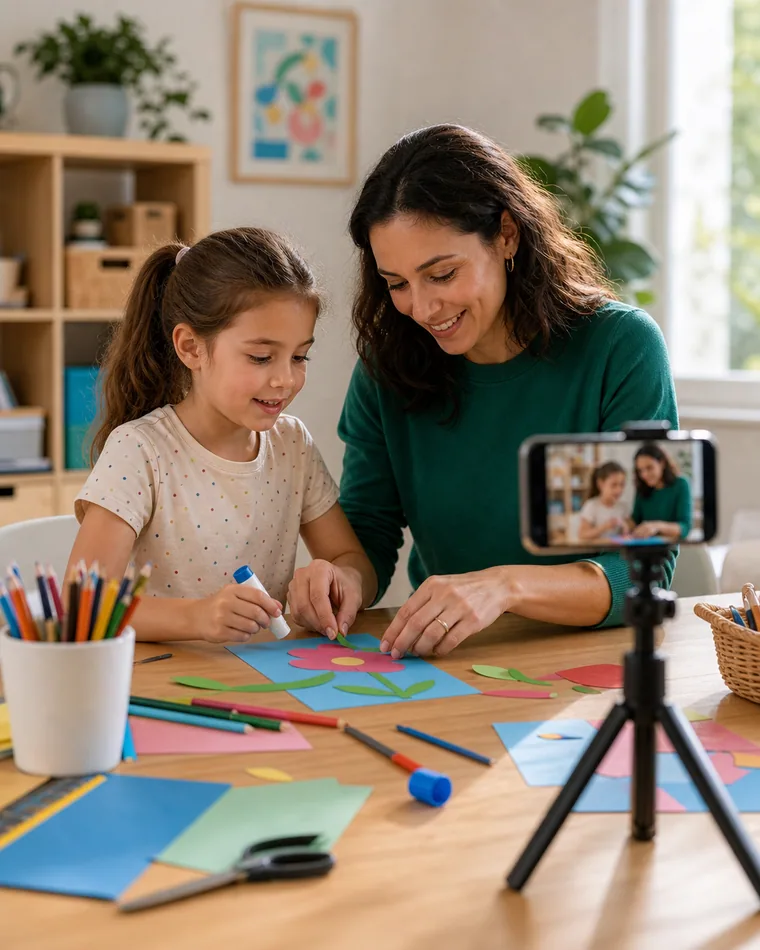 Niño y adulto grabando una manualidad educativa