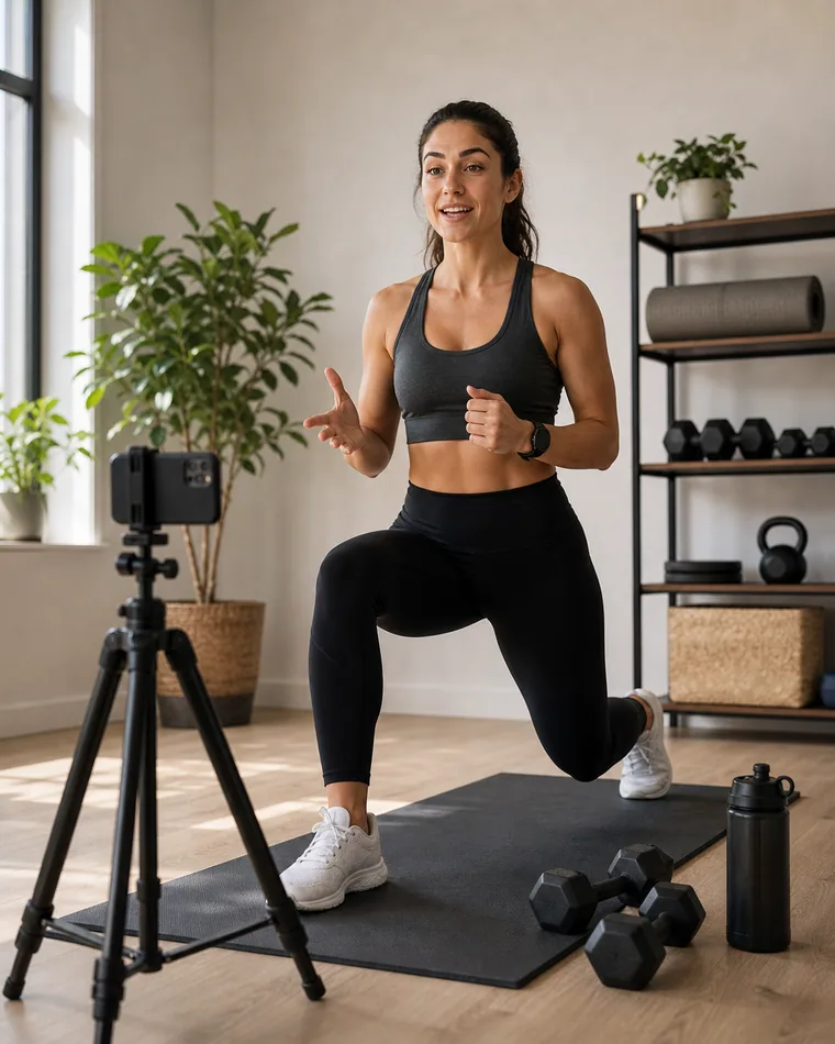 Entrenadora grabando una rutina corta