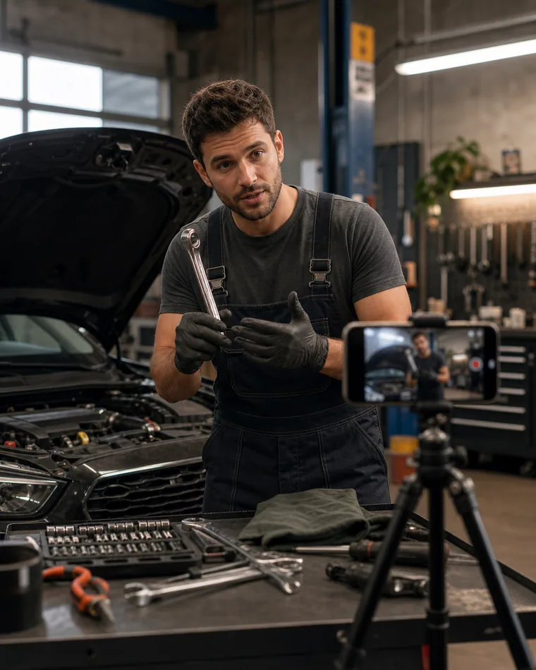 Mecánico grabando una reparación de autos