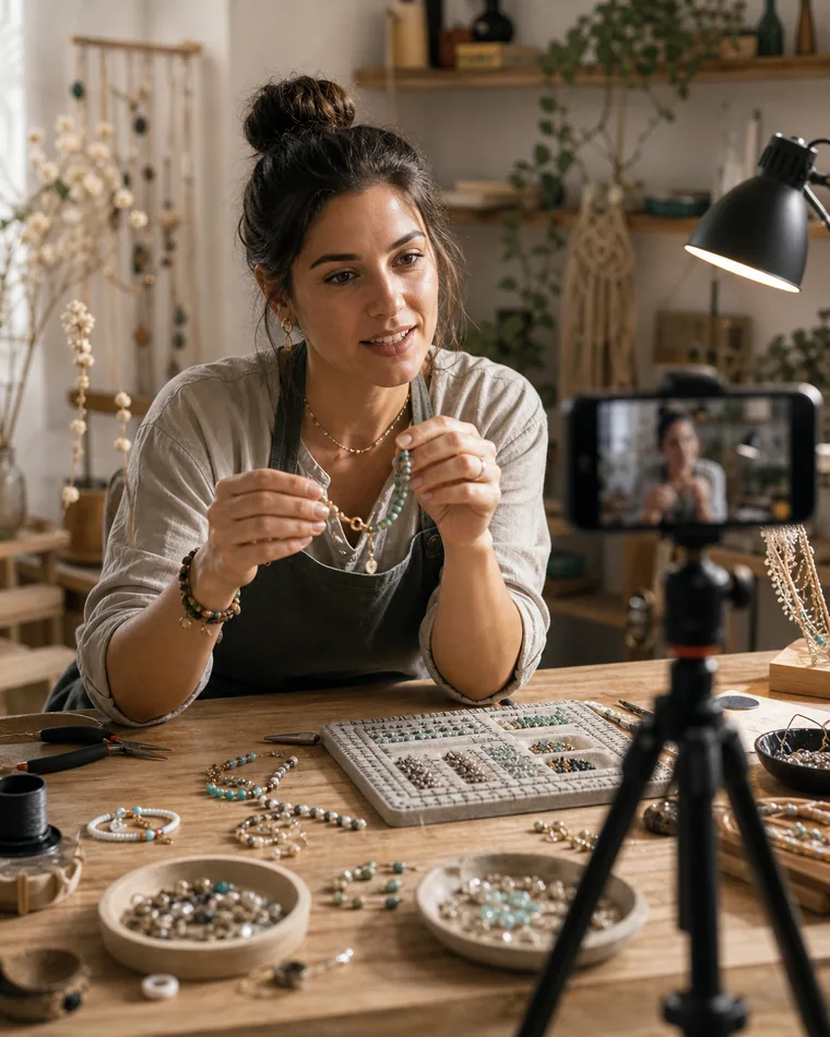 Artesana grabando un tutorial de joyería