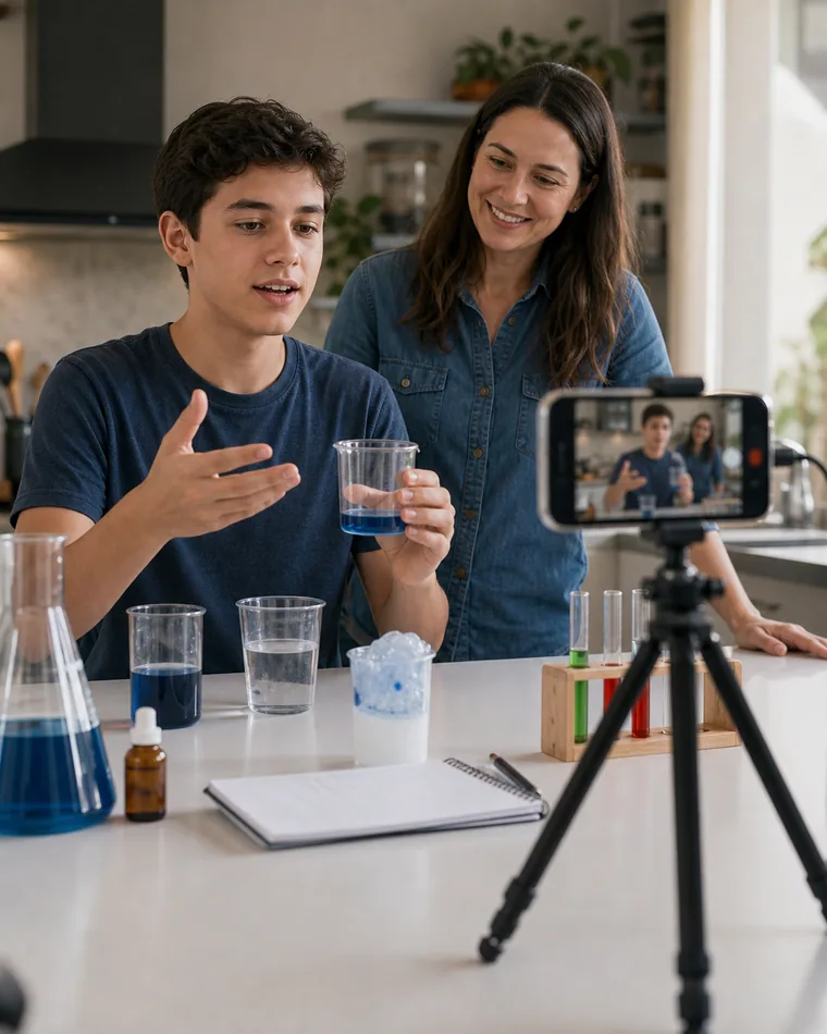 Estudiante grabando una explicación de ciencia con supervisión