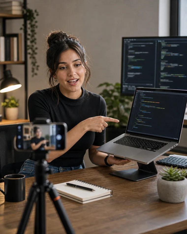 Educadora grabando un tutorial de tecnología