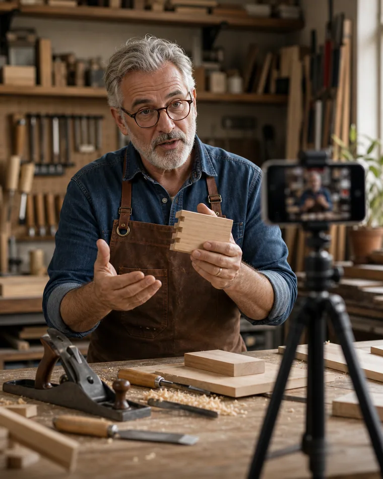 Persona mayor grabando un tutorial de carpintería