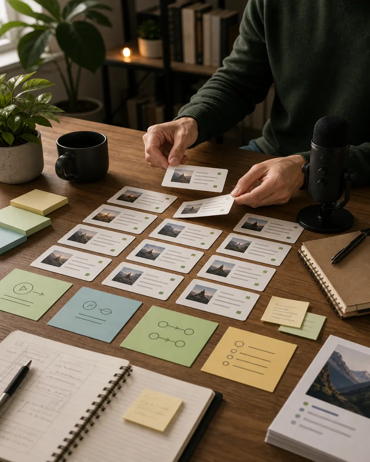 Contenido organizado en tarjetas, visuales y capítulos