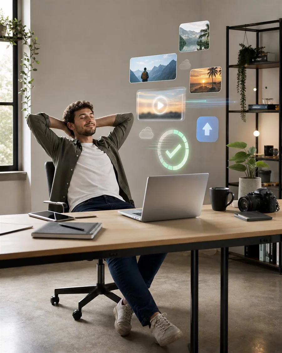 Persona relajada mientras el trabajo duro de edición queda automatizado