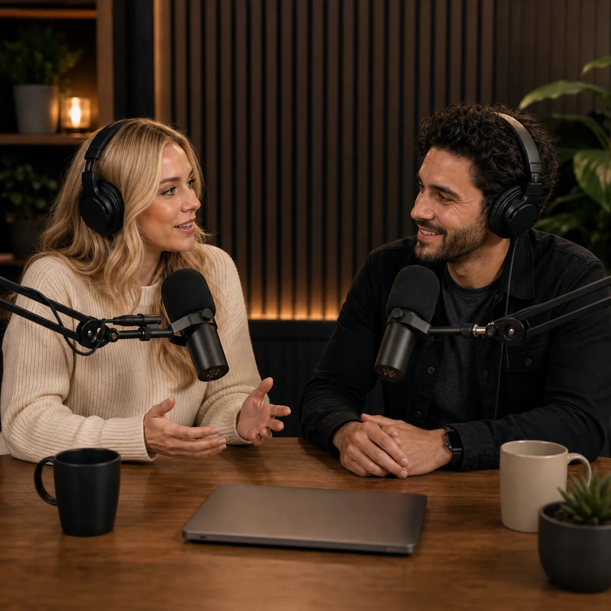 Dos personas grabando un podcast en estudio