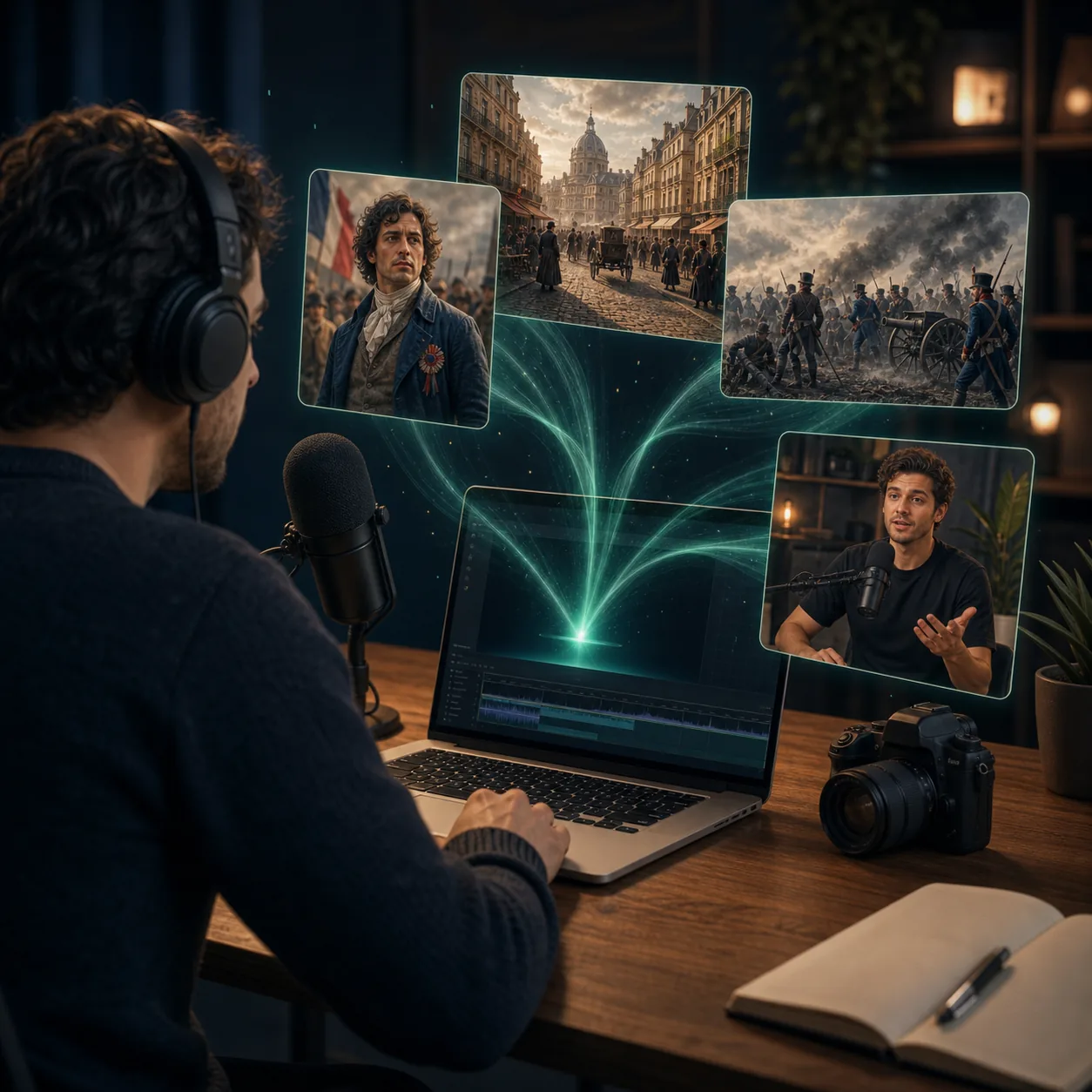 Creador preparando recursos visuales para acompañar una narración social